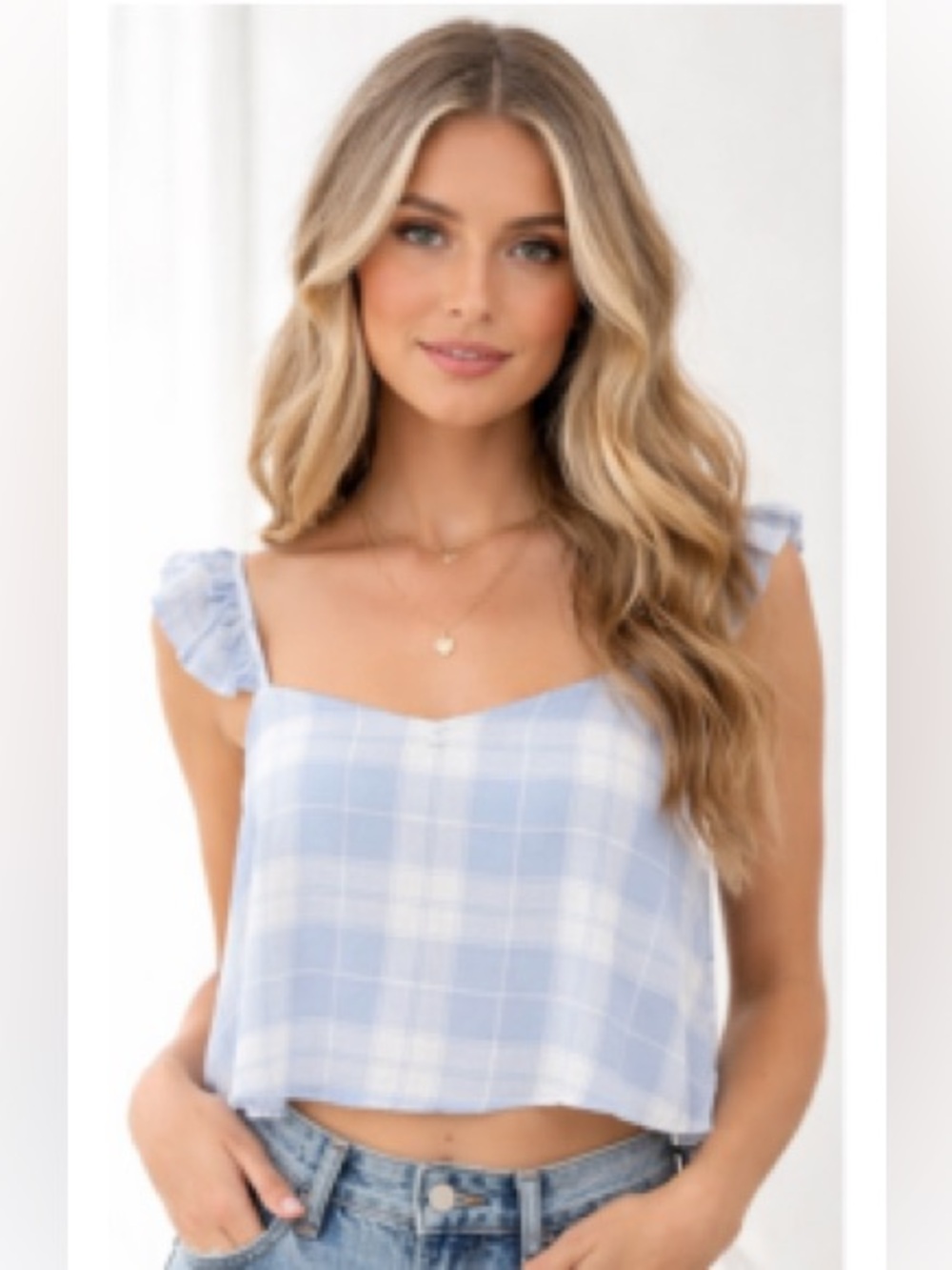 Promesa Soft Blue Plaid Ruffle Strap Crop Top with a Flattering Square Neckline